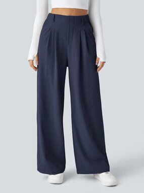 Halara Flex Tan High Waisted Wide Leg Micro Waffle Work Pocket Pants NAVY LARGE